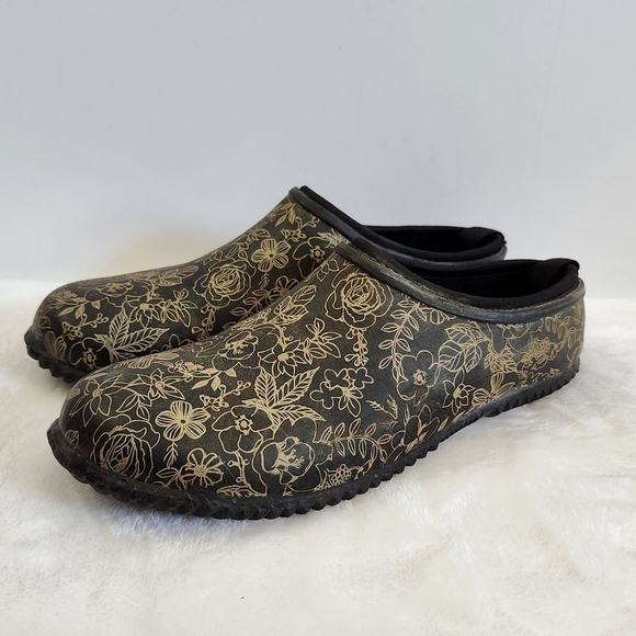 Western Chief Shoes - WESTERN Chief Sketch Black Gold Tan Floral Flower Garden Clogs Size 8